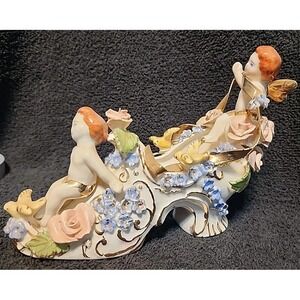 Porcelain Lace Shoe Figurine Cherub Flowers Gold Ribbon Birds Signed 1954